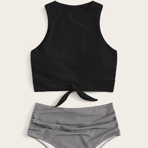 Knot Top Black Two Piece with Ruched Bottoms